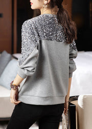 Women Grey O Neck Sequins Patchwork Cotton Sweatshirt Fall