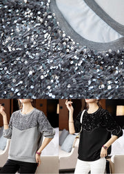 Women Grey O Neck Sequins Patchwork Cotton Sweatshirt Fall