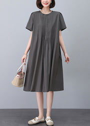 Women Grey O-Neck Solid Cotton Dresses Summer