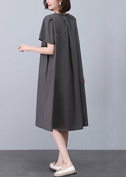 Women Grey O-Neck Solid Cotton Dresses Summer