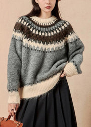 Women Grey O Neck Thick Patchwork Knit Sweater Winter