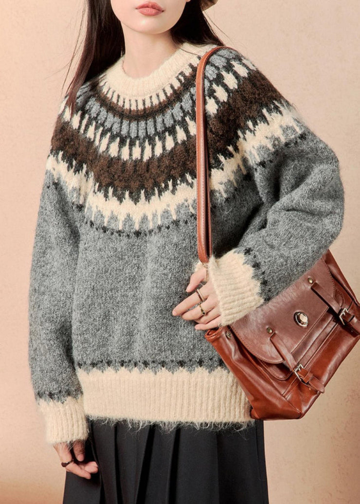 Women Grey O Neck Thick Patchwork Knit Sweater Winter