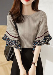 Women Grey O-Neck Thick Print Knit Sweater Tops Flare Sleeve