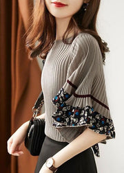 Women Grey O-Neck Thick Print Knit Sweater Tops Flare Sleeve