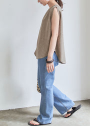 Women Grey O-Neck Wrinkled Linen Tops Sleeveless