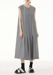 Women Grey O Neck Wrinkled Patchwork Spandex Long Dress Sleeveless