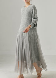 Women Grey Oversized Patchwork Knit Sweater Dress Fall