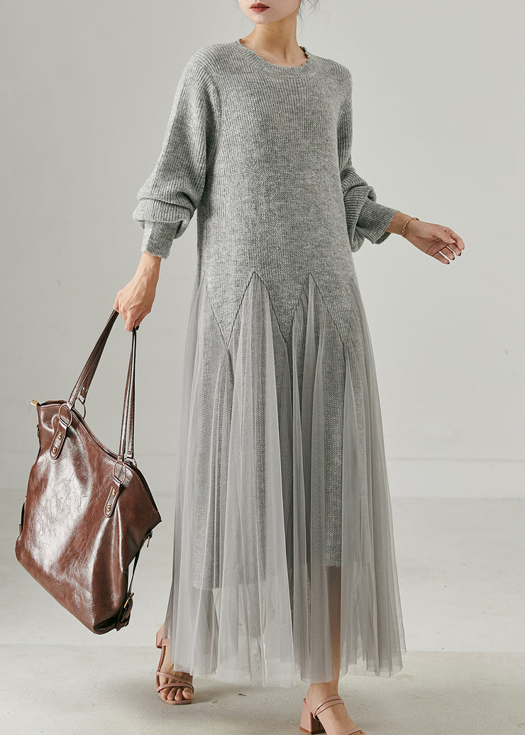 Women Grey Oversized Patchwork Knit Sweater Dress Fall