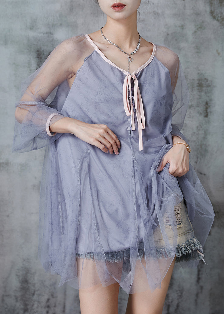 Women Grey Oversized Patchwork Tulle Top Summer