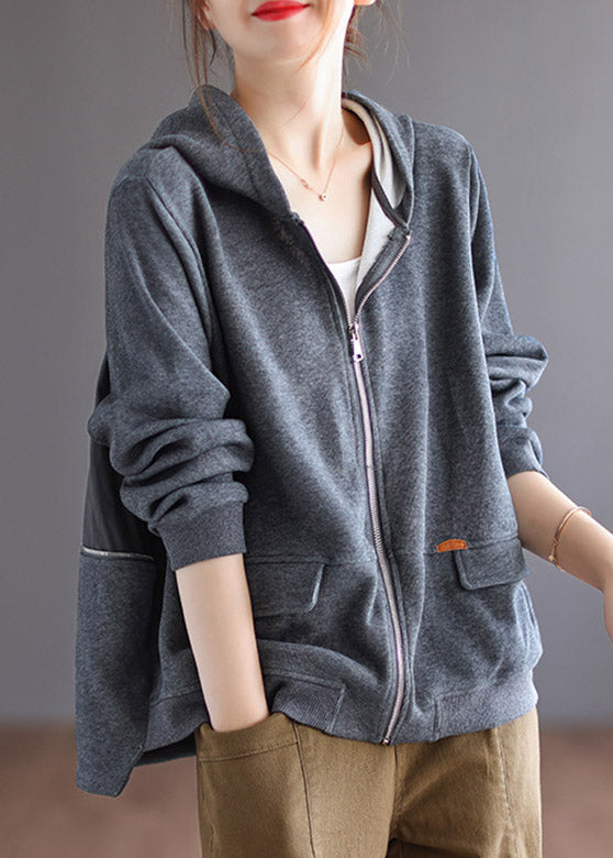 Women Grey Patchwork Cotton Hoodie Coat Spring