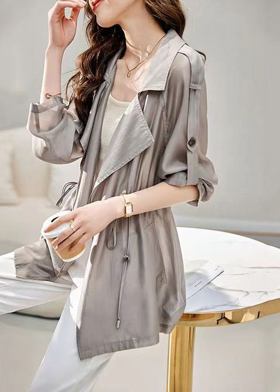 Women Grey Peter Pan Collar Drawstring Cotton Thin Coats Fall