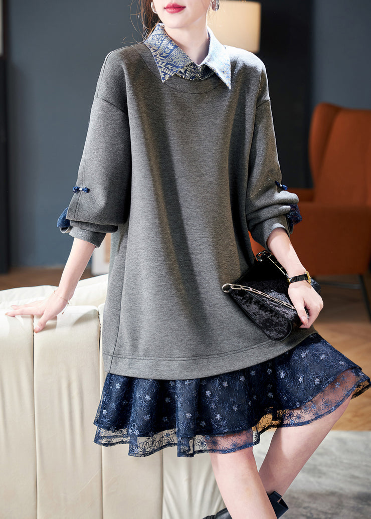 Women Grey Peter Pan Collar Patchwork False Two Pieces Cotton Dress Spring