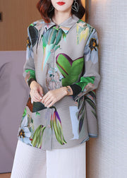 Women Grey Peter Pan Collar Print Button Shirts Fall