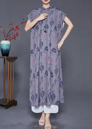 Women Grey Peter Pan Collar Print Silk Long Dress Summer