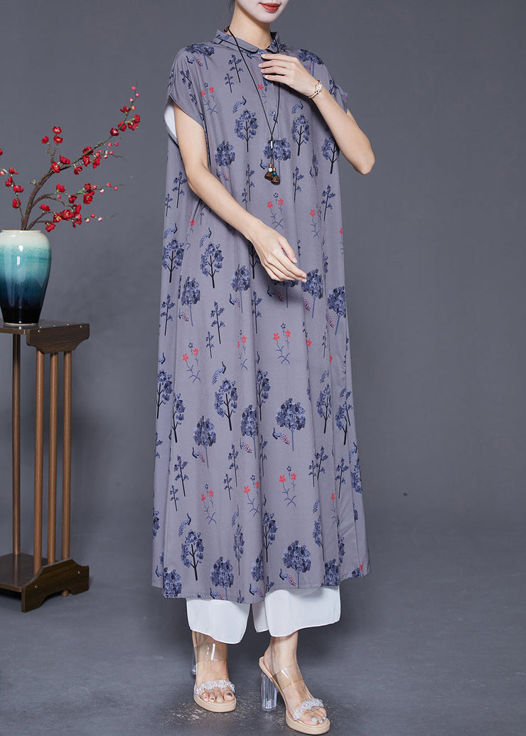 Women Grey Peter Pan Collar Print Silk Long Dress Summer