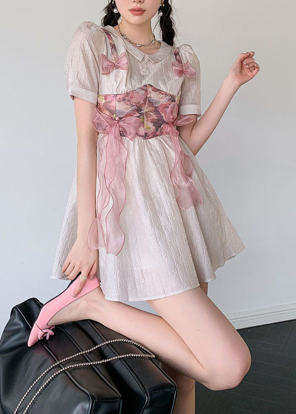 Women Grey Pink Bow Patchwork Print Silk Day Dress Summer