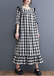 Women Grey Plaid Ruffled Patchwork Ruffles Cotton Dresses Summer