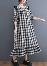 Women Grey Plaid Ruffled Patchwork Ruffles Cotton Dresses Summer