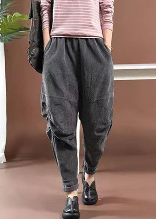 Women Grey Pockets Elastic Waist Corduroy Crop Pants Spring