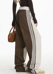 Women Grey Pockets Leopard Patchwork Wide Leg Pants Spring