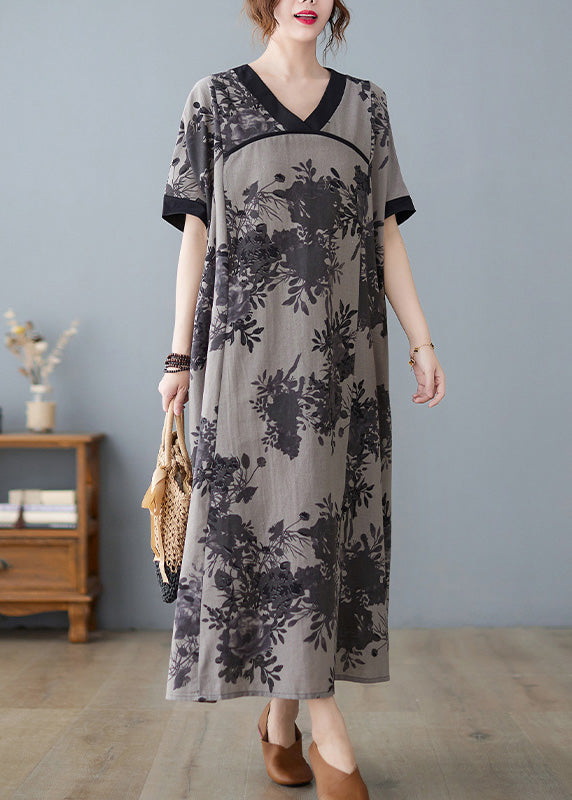 Women Grey Print Patchwork Maxi Dresses Short Sleeve