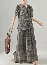 Women Grey Print Wrinkled Chiffon Two Pieces Set Summer