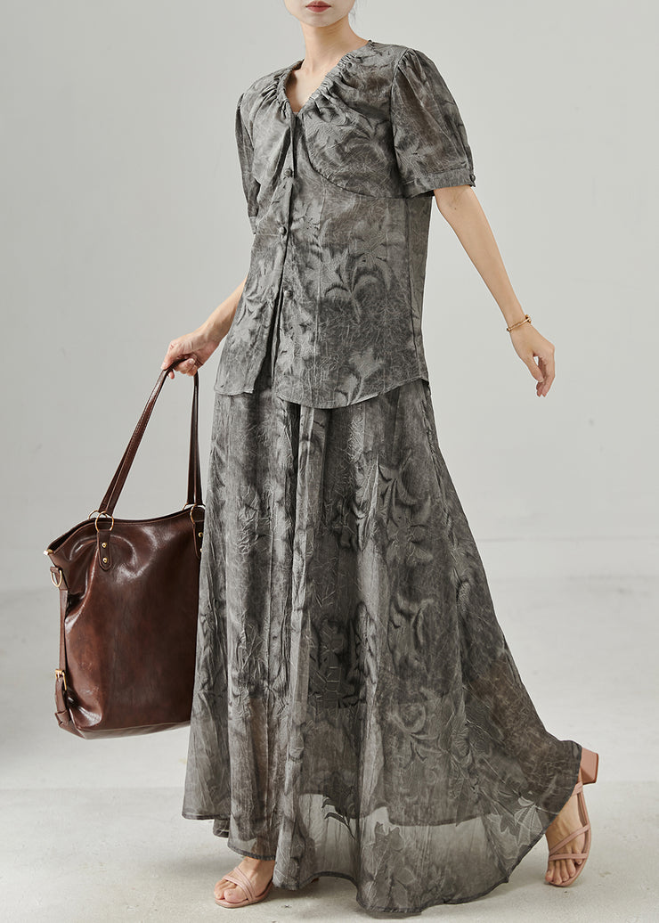 Women Grey Print Wrinkled Chiffon Two Pieces Set Summer