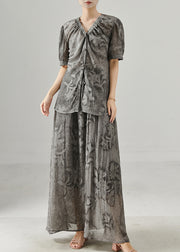 Women Grey Print Wrinkled Chiffon Two Pieces Set Summer