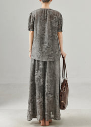 Women Grey Print Wrinkled Chiffon Two Pieces Set Summer