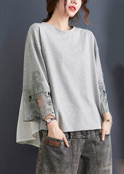 Women Grey Ruffled Lace Patchwork Cotton Tops Spring