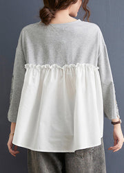 Women Grey Ruffled Lace Patchwork Cotton Tops Spring