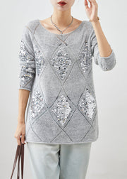 Women Grey Sequins Warm Knit Short Sweater Winter