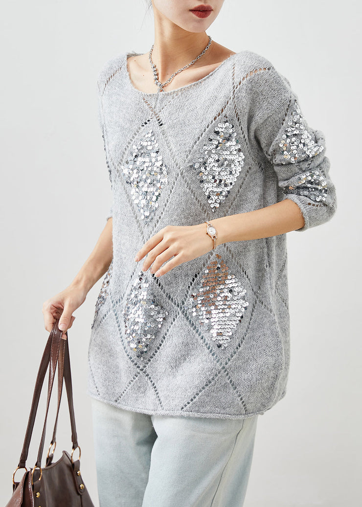 Women Grey Sequins Warm Knit Short Sweater Winter