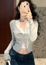 Women Grey Silm Fit Knit Cardigan And Lace Tops Two Pieces Set Spring