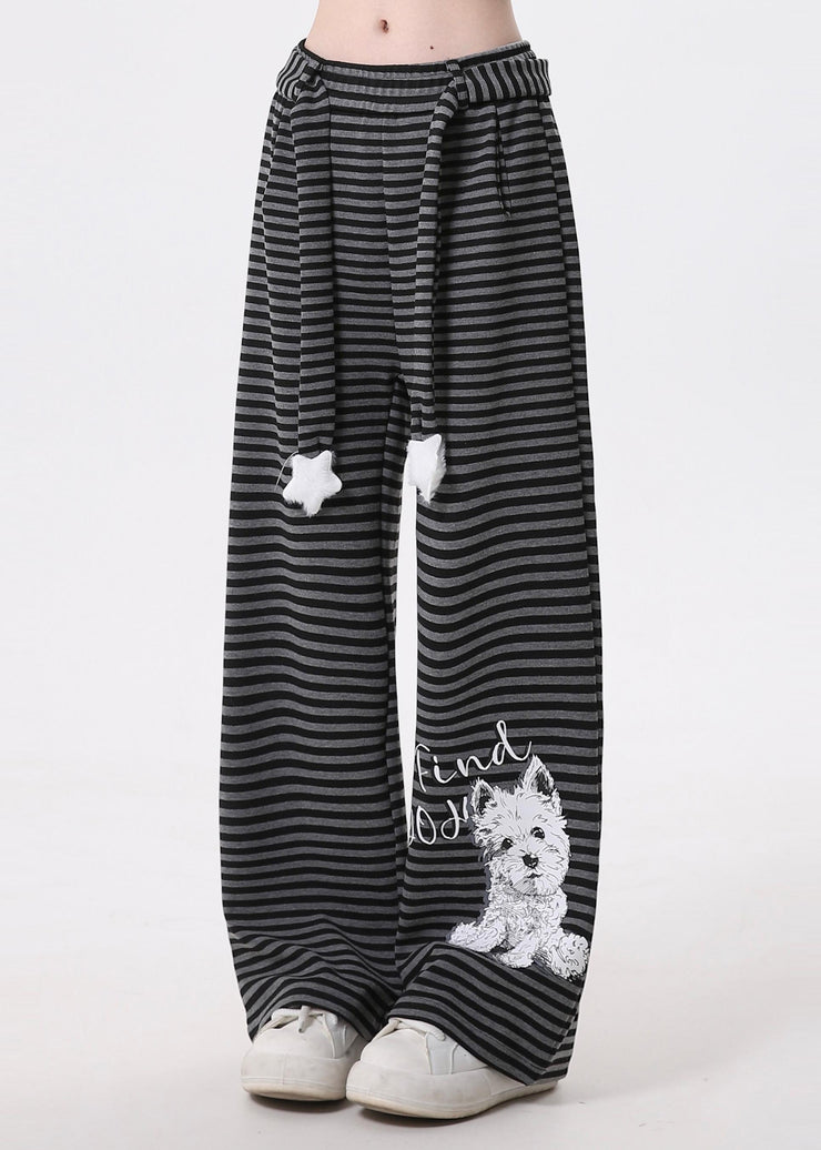 Women Grey Striped Animal Print Cotton Pants Spring