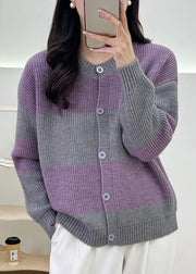 Women Grey Striped Button Knit Cardigan Fall