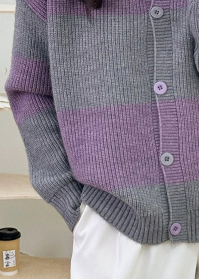 Women Grey Striped Button Knit Cardigan Fall