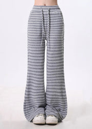 Women Grey Striped Cotton Bell-bottom Trousers Spring