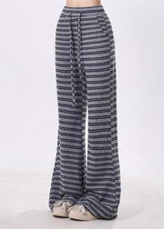 Women Grey Striped Cotton Bell-bottom Trousers Spring