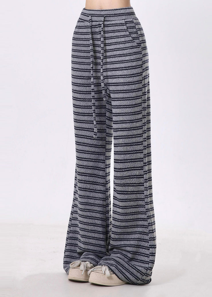 Women Grey Striped Cotton Bell-bottom Trousers Spring