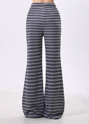 Women Grey Striped Cotton Bell-bottom Trousers Spring