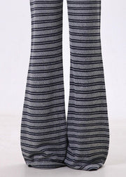 Women Grey Striped Cotton Bell-bottom Trousers Spring