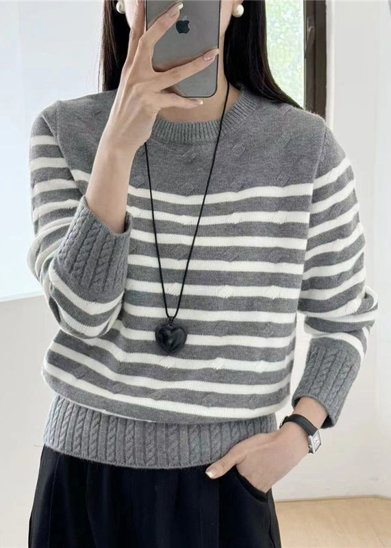 Women Grey Striped Cozy Knit Sweaters Fall