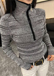 Women Grey Striped Zippered Zippered Cotton Knit Sweater Spring