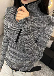 Women Grey Striped Zippered Zippered Cotton Knit Sweater Spring