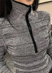 Women Grey Striped Zippered Zippered Cotton Knit Sweater Spring