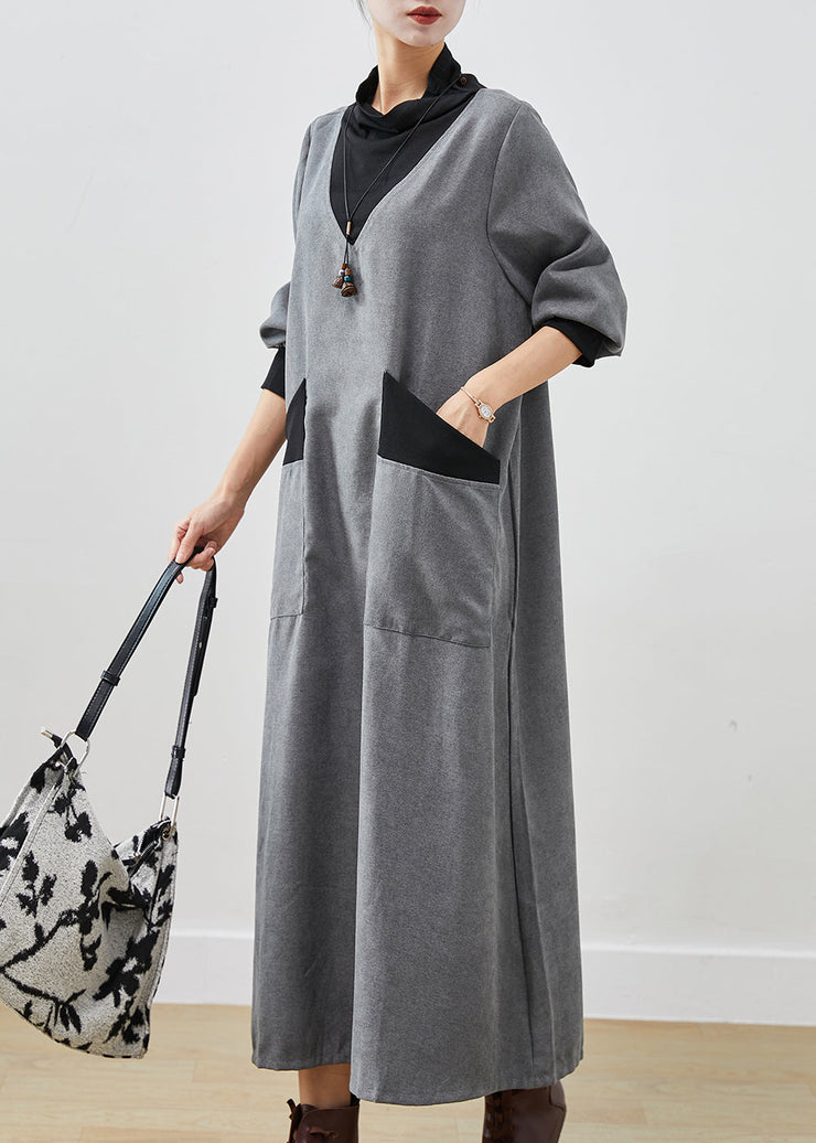 Women Grey Turtle Neck Patchwork Cotton Long Dress Fall