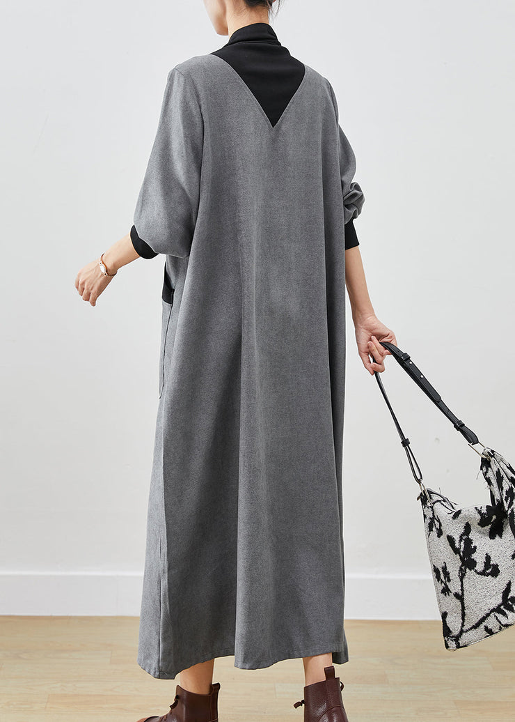 Women Grey Turtle Neck Patchwork Cotton Long Dress Fall