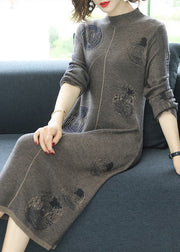 Women Grey Turtleneck Patchwork Cotton Knit Dress Fall