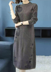 Women Grey Turtleneck Patchwork Cotton Knit Dress Fall